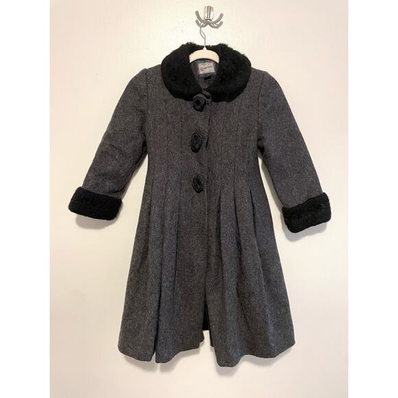 Rothschild Girl's Size 7 Gray 100% Wool Faux Fur Collar Coat Flower Button Pleat - Picture 1 of 6